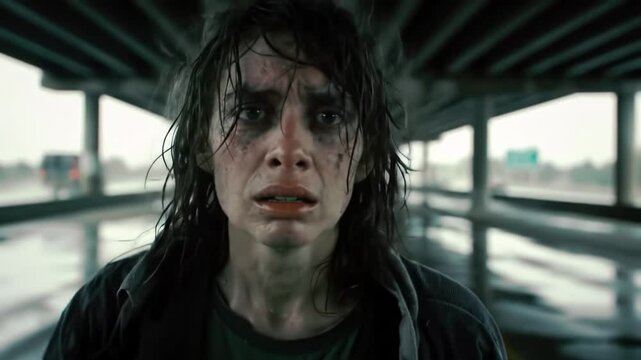 Man struggling with emotions under bridge during heavy rain