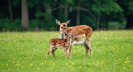 Heartwarming Fallow Deer Doe and Fawn in Lush Wildflower Meadow Setting