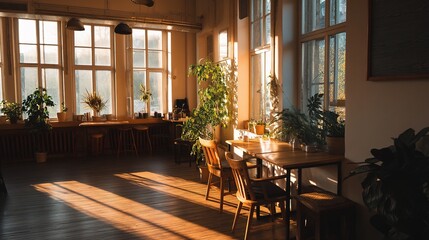 Cozy and Bright Empty Coffee Shop Interior with Large Windows
