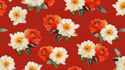 Seamless Watercolor Floral Pattern Red Background White Orange Flowers