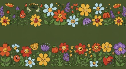 Cartoon Flower Border with Smiling Faces and Leafy Green Background