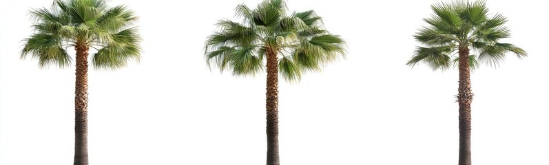 Three palm trees isolated against a white background. Lush green fronds crown tall, sturdy trunks