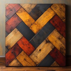 Colorful wood panel art, herringbone pattern, interior wall decor