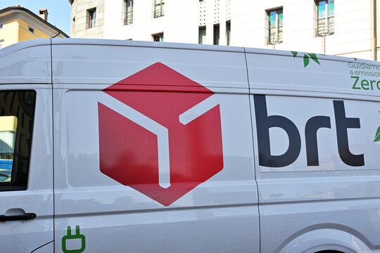 Bergamo, Italy &ndash; April 30, 2025: BRT electric delivery van parked on a street