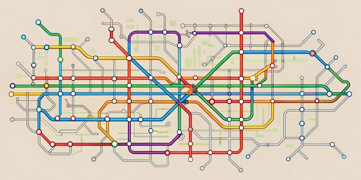 A Colorful Abstract Representation of a Complex Transit System Showing Interconnected Lines and Stations
