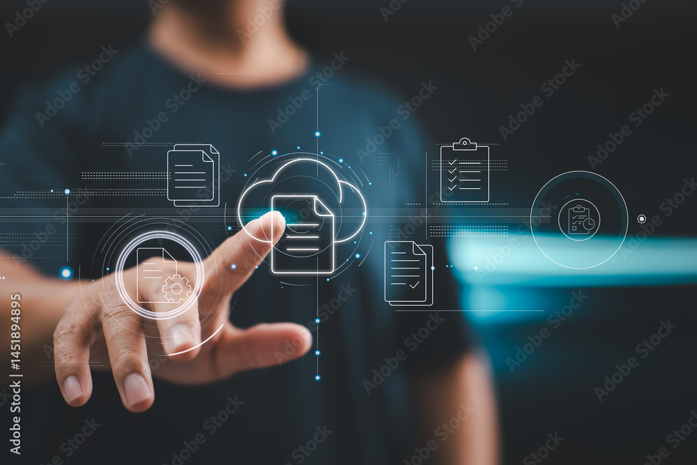 Poster A user interacts with a virtual document system, symbolizing modern paperless environments and digital operations.