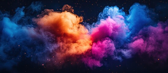 Colorful smoke swirls, dark background, sparks, design