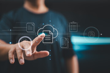A user interacts with a virtual document system, symbolizing modern paperless environments and...