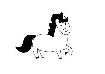 Minimalist cartoon horse illustration in black and white. Perfect for coloring books, children's projects, educational materials, and stickers.