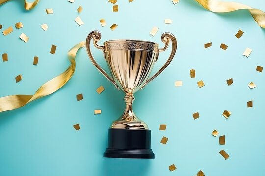 Gold trophy, ribbons, and confetti on teal background.  A golden trophy sits amidst gold confetti and ribbons on a light teal surface.  The trophy has a classic design with a black base