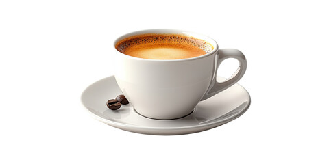 Fototapeta premium Cup Of Freshly Brewed Coffee With Coffee Beans Saucer. Morning Beverage And Caffeine Concept Isolated On Transparent Background