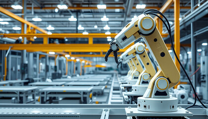 Smart industry robot arms for digital factory production technology showing automation manufacturing process of the Industry 4.0 or 4th industrial revolution and IOT software to control operation, f