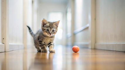 Adorable tabby kitten playing with a small ball in a bright hallway