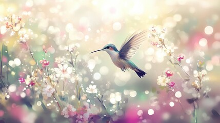 An illustration of a hummingbird in flight, hovering delicately in front of a vibrant orange flower.