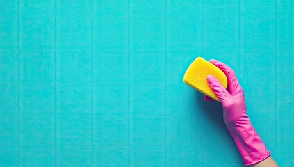 Pink-gloved hand holds yellow cleaning sponge against a turquoise background