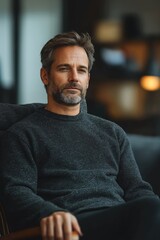 Obraz premium Confident man in a dark sweater sitting relaxed in a modern interior space