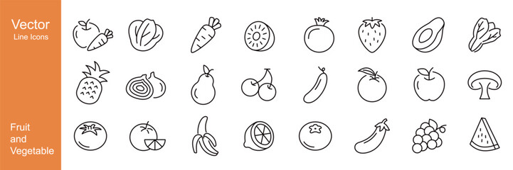 Fruit and Vegetable Icons - Vector Line Icons. Editable Stroke. Vector Graphic