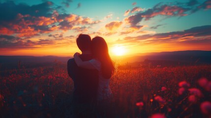 Romantic couple embracing while watching a vibrant sunset over a field