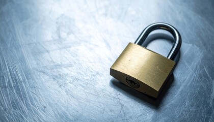 Fototapeta premium Secure Fortress: A close-up view of a sturdy padlock, its golden metallic finish gleaming against a cool, textured surface, symbolizes security and protection.