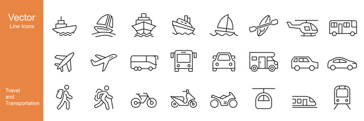 Travel and Transportation Icons - Vector Line Icons. Editable Stroke. Vector Graphic