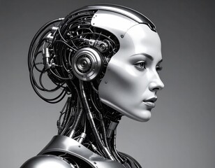 Androïde rétrofuturiste au visage humain – style science-fiction vintage en noir et blanc