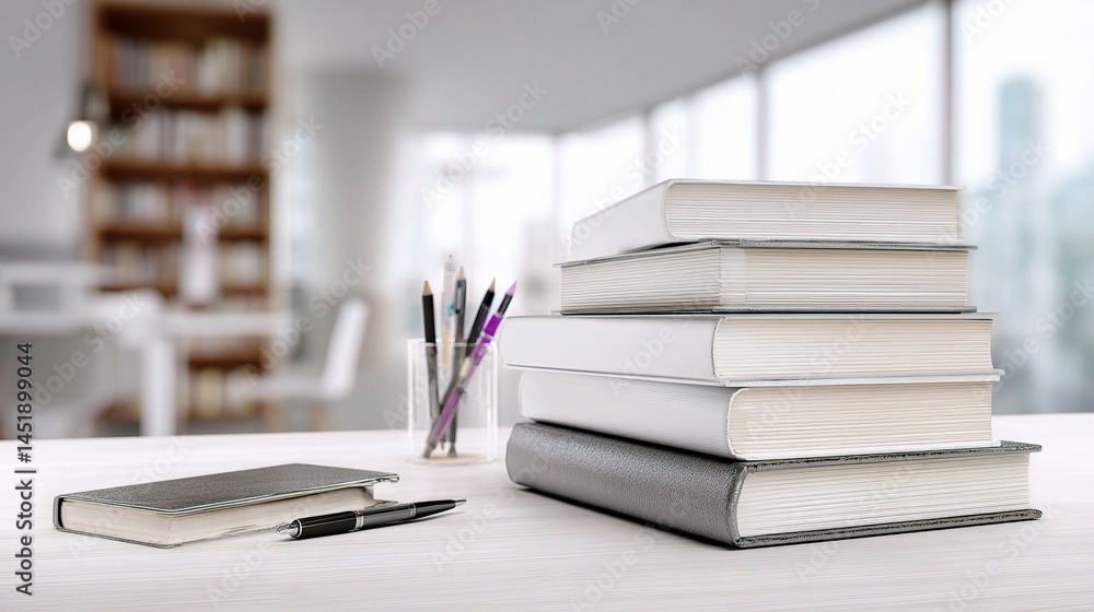 Poster stacked books and pens on a white desk in soft light setting