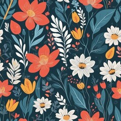 Simple abstract floral seamless pattern. Hand-drawn botanical flowers and leaves. Vector illustration