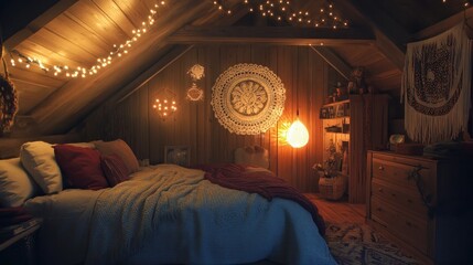 Cozy attic bedroom with fairy lights, slanted wooden ceiling, and bohemian decor, warm ambient lighting 