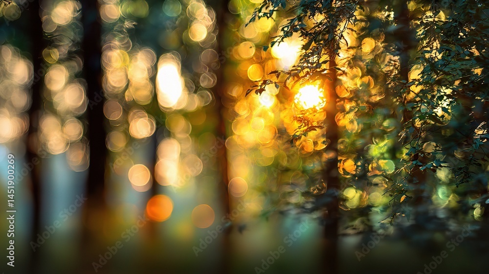 Poster beautiful bokeh effect with warm sunlight filtering through trees
