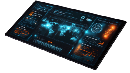 Floating digital wealth transfer planning dashboard with real-time tax scenarios, isolated, PNG format, transparent background. Varient 2