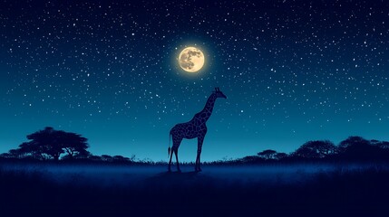 Giraffe silhouetted under moonlit sky.