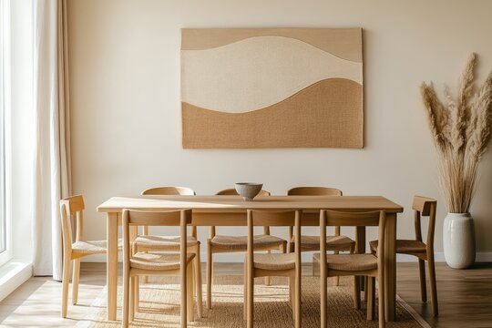 Warm, minimalist dining room with a wooden table and chairs. Beige tones and natural elements create a serene space