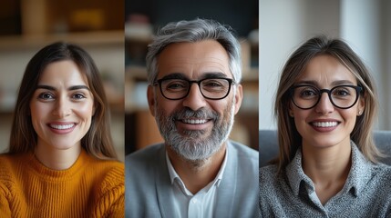 Smiling group of diverse professionals during an online video call or virtual meeting