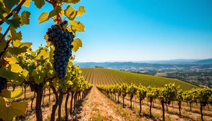 Naklejka premium Sunlit Vineyard on Rolling Hillside with Ripe Grapes and Mountains