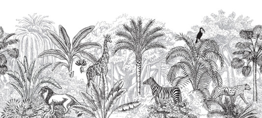Toile tropical vintage botanical palm trees, banana tree, oak, plants, toucan bird, lion, giraffe, leopard, zebra animal seamless border. Graphic jungle mural.