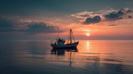 Fototapeta premium Serene Fishing Boat at Sea During Tranquil Sunset Glow
