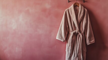 Fototapeta premium Soft Pink Bathrobe Hanging on Dusty Rose Wall