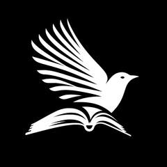 Naklejka premium Book morphing into bird in white-on-black minimalist illustration