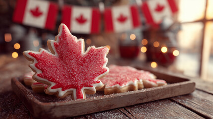 Maple leaf cookie with red and white icing on a wooden tray, celebrating Canada Day with festive charm