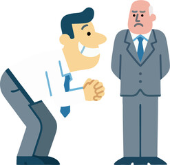 Flat Vector Illustration of Sycophantic Employee Pleasing Angry Boss – Cartoon Office Power Dynamics Concept