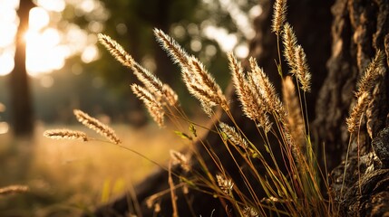 Fototapeta premium Glowing Grass in Golden Light Near Tree Base at Sunset