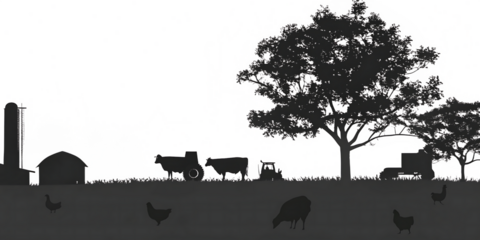 Rustic barnyard, chickens, cows, and farm equipment, countryside silhouettes, black silhouette, vector illustration, flat style. isolated on white background PNG