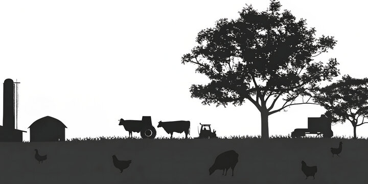 Rustic barnyard, chickens, cows, and farm equipment, countryside silhouettes, black silhouette, vector illustration, flat style. isolated on white background PNG