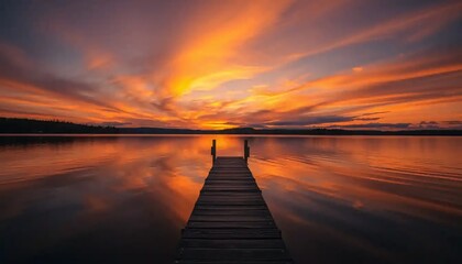 Naklejka premium Fiery Sunset Reflected on Secluded Lake with Wooden Dock