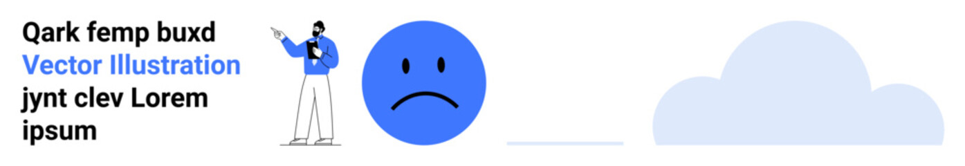 Individual with a clipboard pointing to a sad face beside a cloud. Ideal for analysis, sadness, mood representation, weather, emotions, psychology, or a simple landing page