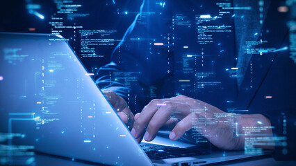 Developer hand typing on laptop with abstract digital code, programming, glowing blue data stream,...
