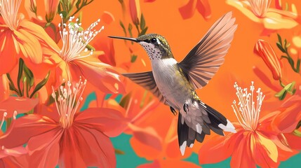 Fototapeta premium An illustration of a hummingbird in flight, hovering delicately in front of a vibrant orange flower.
