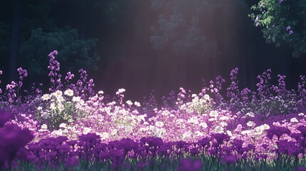 Obraz premium Vibrant purple and white flowers illuminated by sunlight in a serene forest setting.
