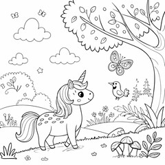 cute coloring page with unicorn and spring garden flowers. you can print it on 8.5x11 inch paper © Sabbir Rahman Sadid