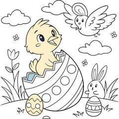 happy easter coloring page, cute chick popping out of an egg. You can print it on 8.5 x 11 inch paper.